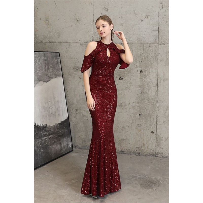 Cold Shoulder Sequins Mermaid Evening Gown (Maroon) (Made To Order)