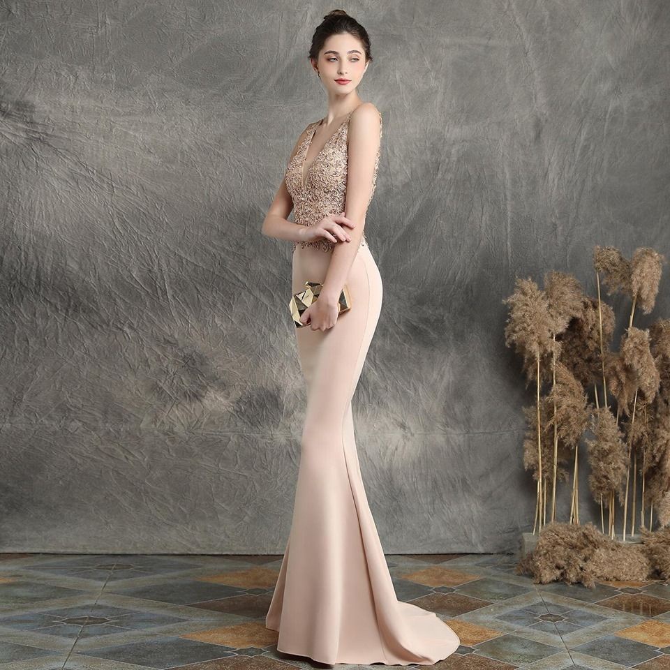 Low Back V-Neck Mermaid Evening Gown (Beige) (Retail)