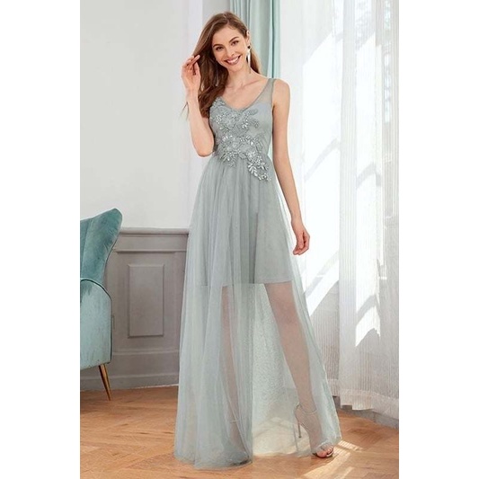 Classy V-neck Tulle See-through Evening Dresses (retail)