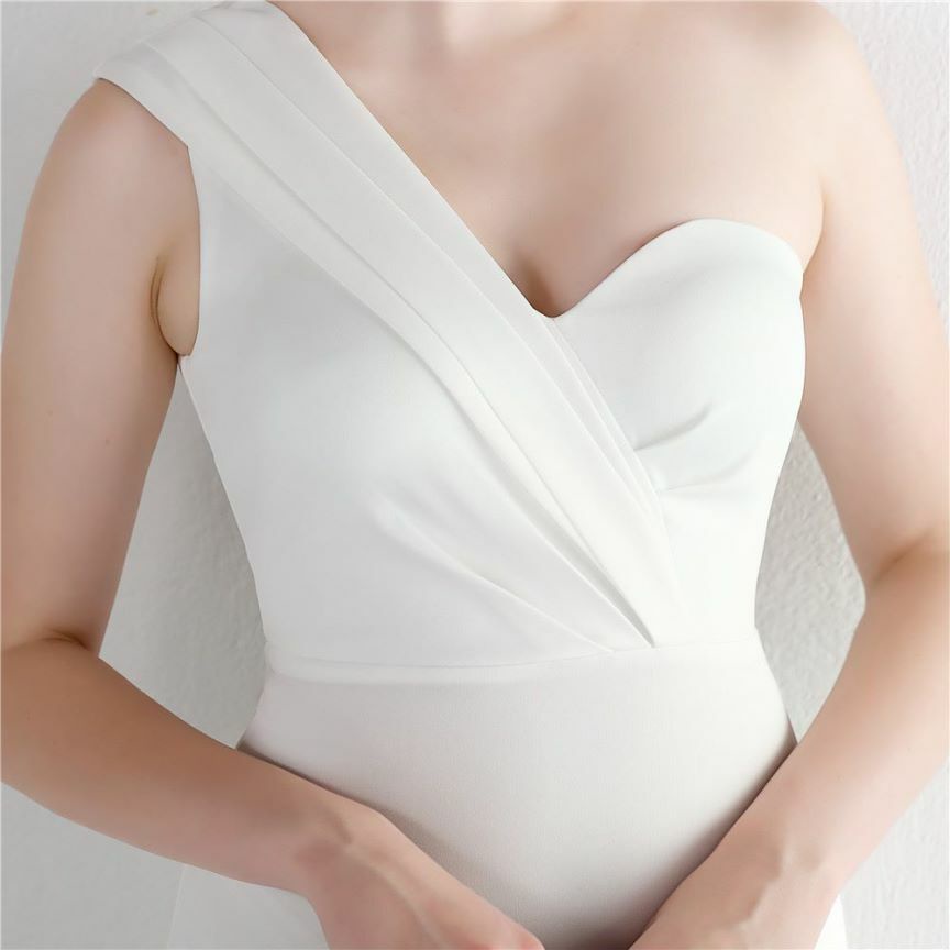 One Side Off Shoulder with High Slit Evening Dress (White) (Made To Order)