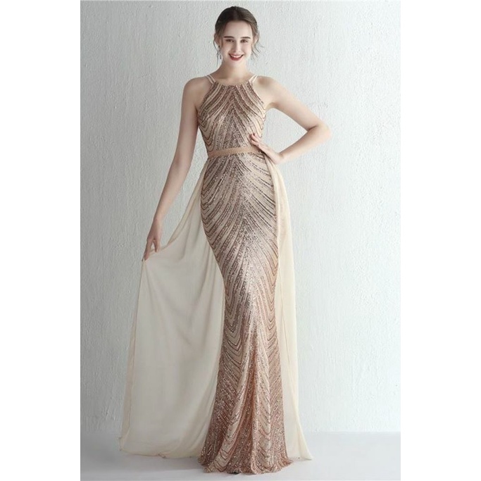 Halter Sequins with Cape Skirt in Mermaid Style Evening Gowns (Gold) (Made To Order)