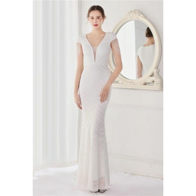 Illusion V-Neck Sequins with Beads Mermaid Evening Gown (White) (Made To Order)
