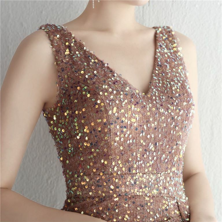 Sleeveless V-Neck Overlap Slit Evening Gown (Gold) (Made To Order)