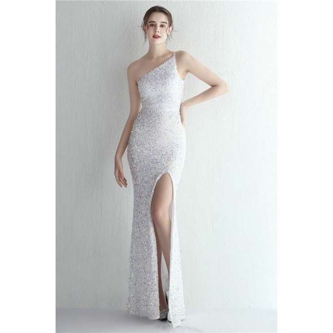 One Side Off Shoulder Sequins Slit Evening Gown (White) (Made To Order)