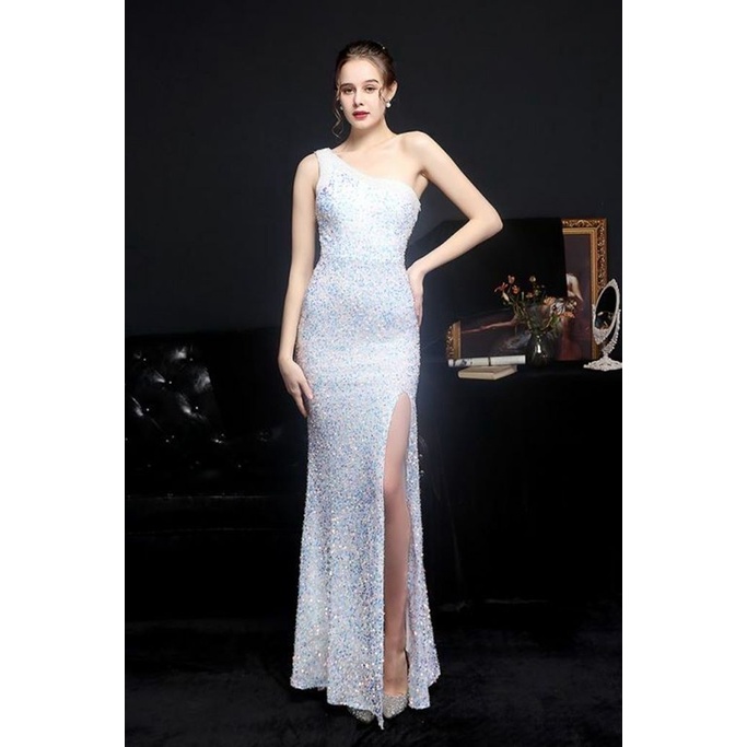 Beads One Side Off Shoulder Sequins Evening Gown (White) (Made To Order)