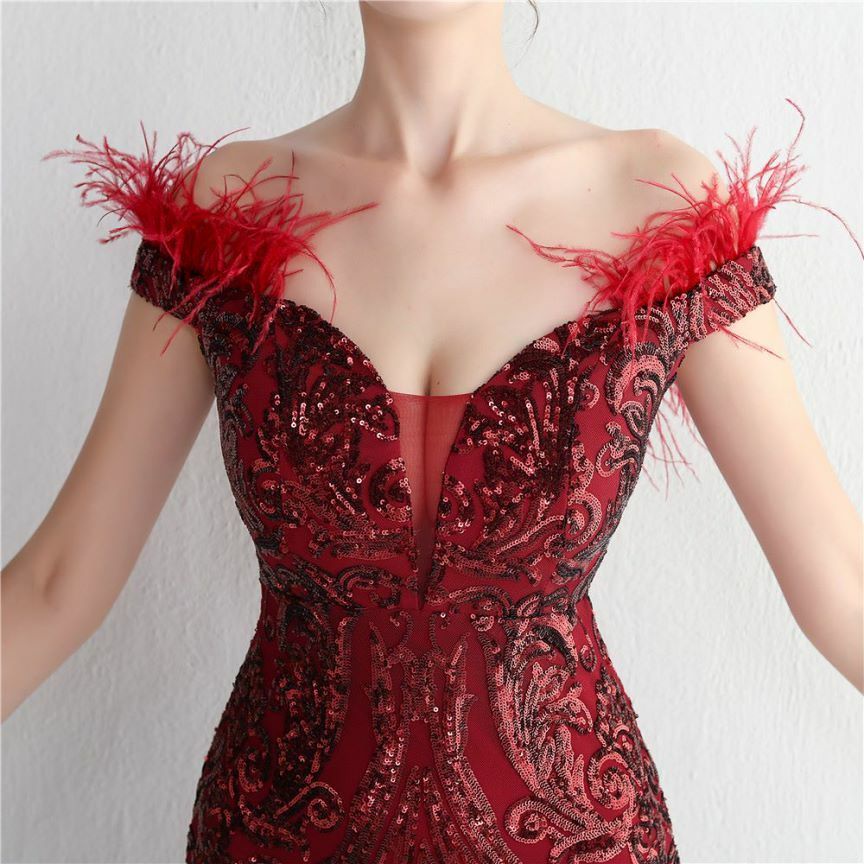 Elegant Off Shoulder Feather Mermaid Evening Gown (Maroon) (Made To Order)