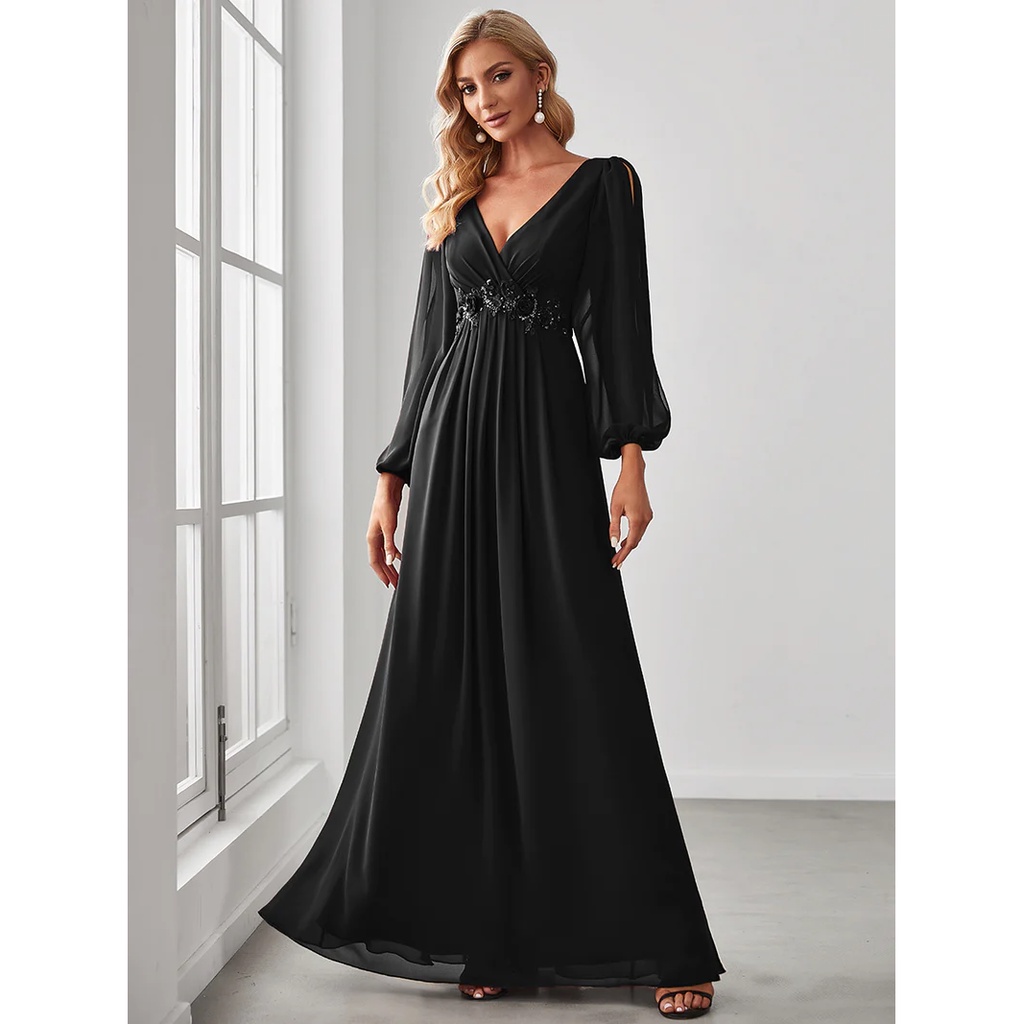 Long Lantern Sleeves V-Neck A-Line Evening Gowns (Black) (Retail)