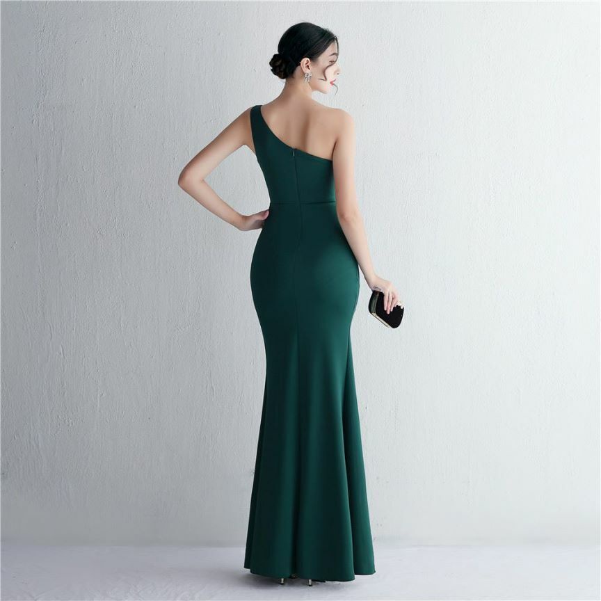 Elegant One Side Off Shoulder with High Slit Gowns (Green) (Retail)
