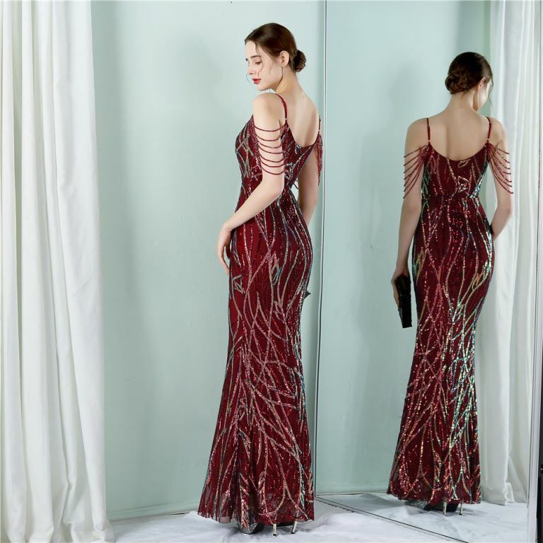 Spaghetti Pattern Sequins Mermaid Evening Gown (Maroon) (Made To Order)