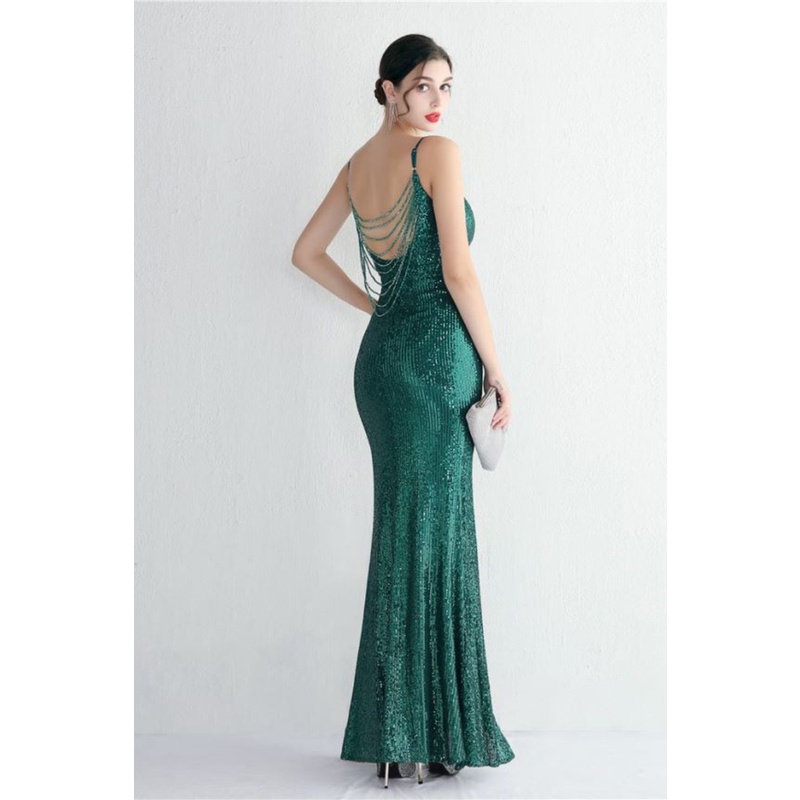 Spaghetti V Neck Sequins With Back Chain Evening Gown (Green) (Made To Order)