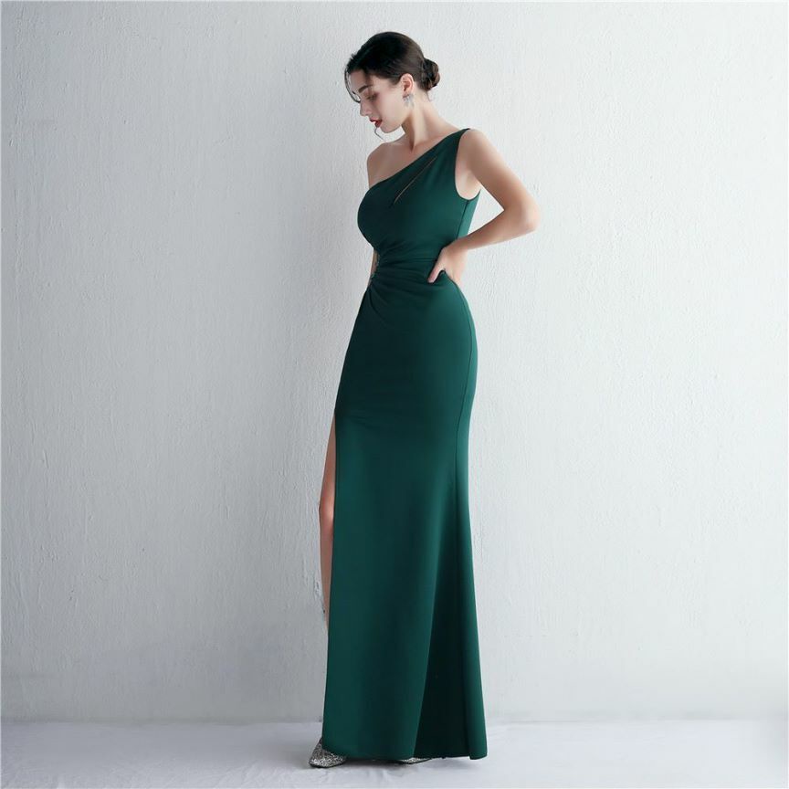 Elegant One Side Off Shoulder with High Slit Gowns (Green) (Retail)