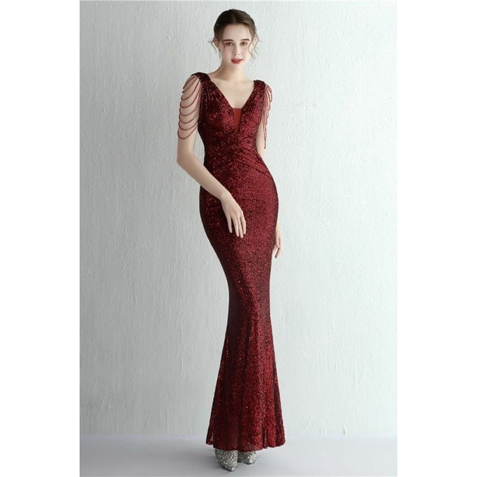 Illusion V-Neck Folded Waist Evening Gown (Maroon) (Made To Order)