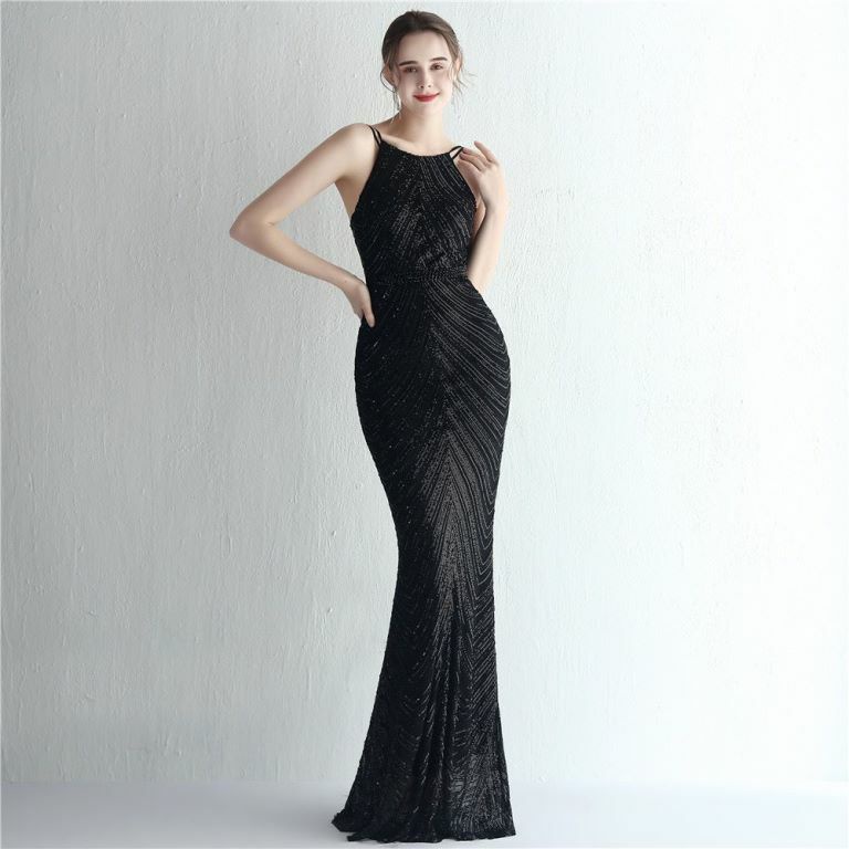 Halter Sequins with Cape Skirt in Mermaid Style Evening Gowns (Black) (Made To Order)