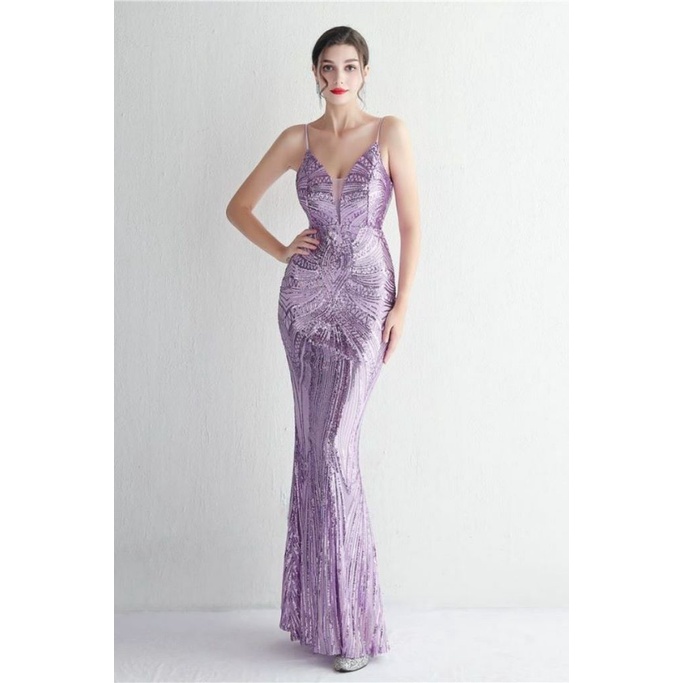 Low Back Spaghetti Mermaid Evening Gown (Purple) (Made To Order)