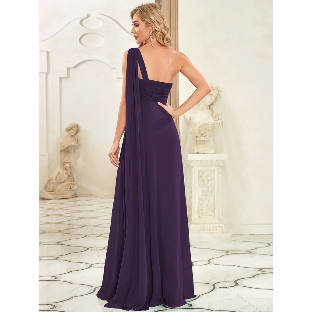 One Shoulder Pleated Chiffon Long Evening Gown (Dark Purple) (Made To Order)