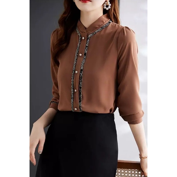 High Neck with Long Sleeve Blouse (Brown) (Pre-Order)