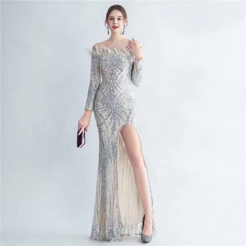 Off Shoulder Feather Sequins with High Slit Gown (Silver) (Made To Order)