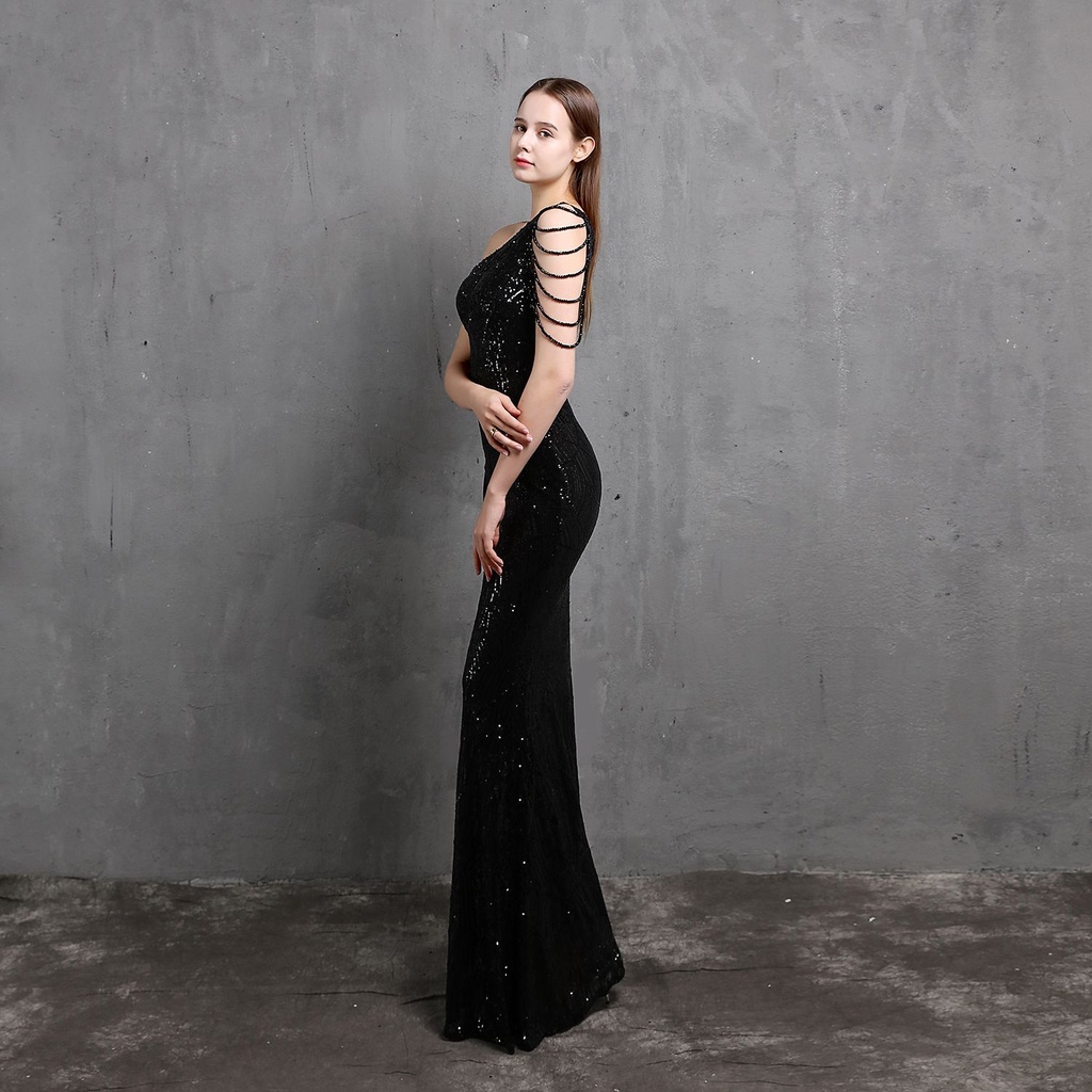 One Side Off Shoulder with Crystal Beads Sleeve Mermaid Evening Gown (Black) (Made To Order)