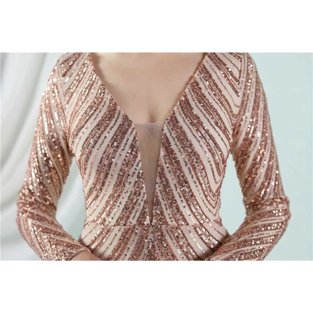 Long Sleeve Sequins Mermaid Evening Gown (Gold) (Made To Order)