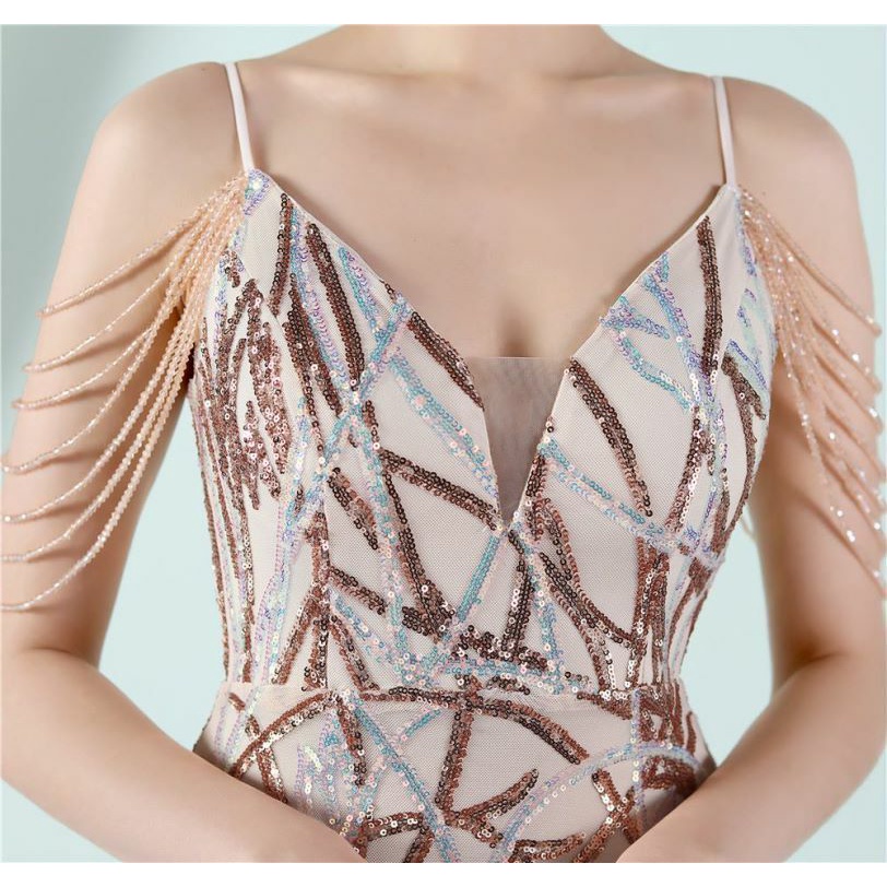 Spaghetti Pattern Sequins Mermaid Evening Gown (Rose Gold) (Made To Order)