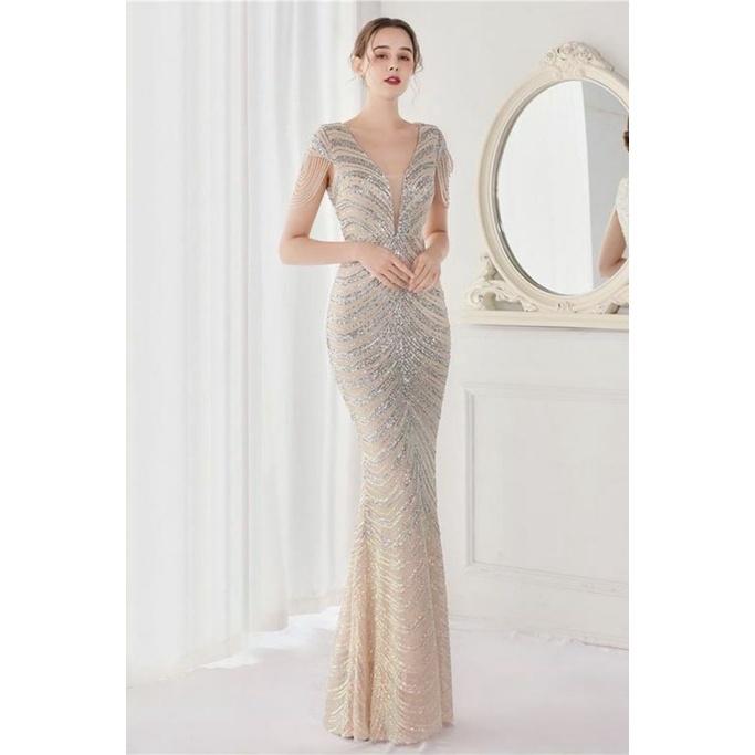 Illusion V-Neck Sequins with Beads Mermaid Evening Gown (Silver) (Made To Order)