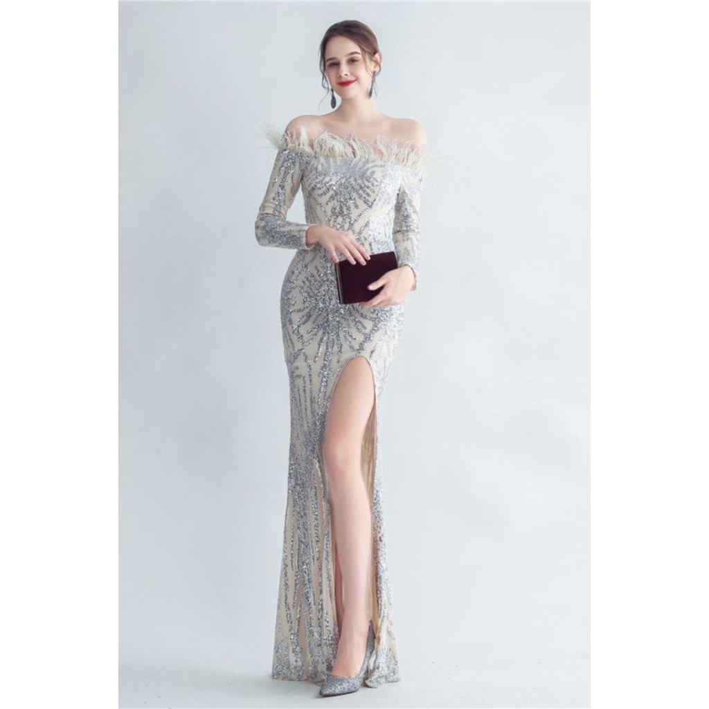 Off Shoulder Feather Sequins with High Slit Gown (Silver) (Made To Order)