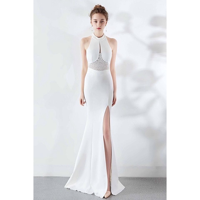 Halter Beads Mermaid Slim Evening Gown (White) (Made To Order)