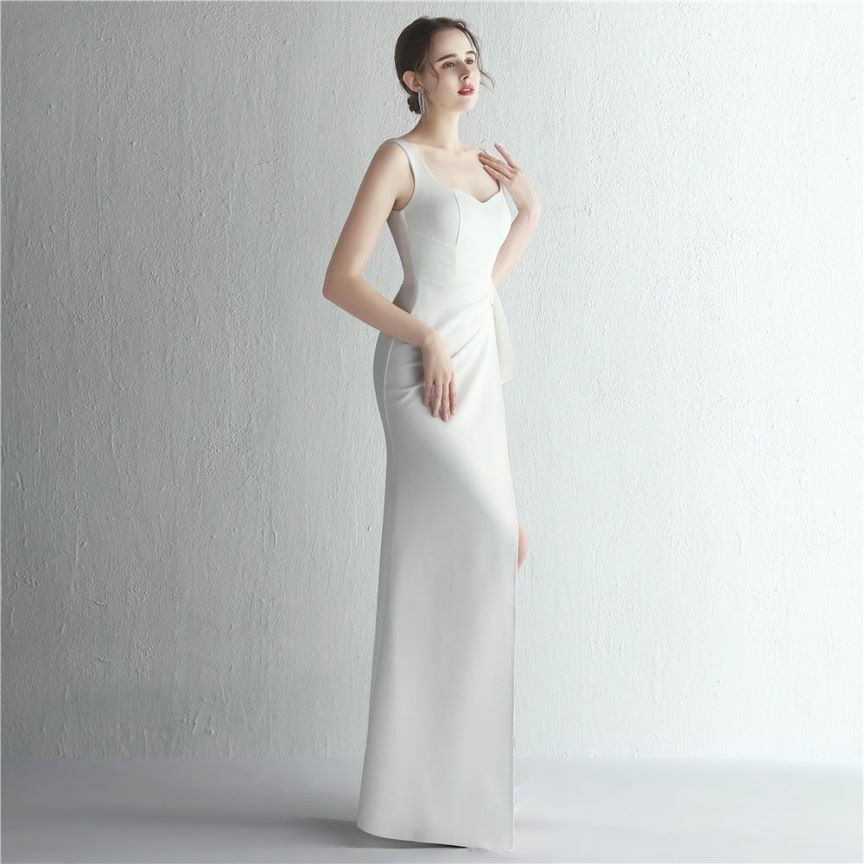 Sweetheart Overlap Slit Evening Gown (White) (Made To Order)