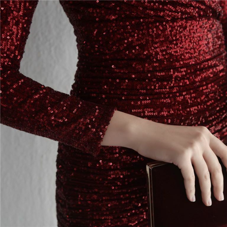 Long Sleeve Sequins Fitted Dress (Maroon) (Made To Order)