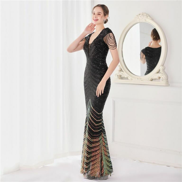 Illusion V-Neck Sequins with Beads Mermaid Evening Gown (Black) (Made To Order)
