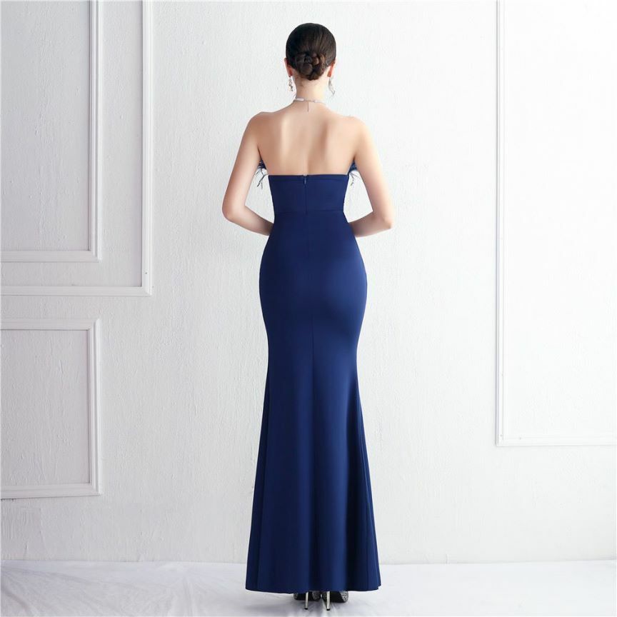 Strapless Feather Bodycon Evening Gown (Navy Blue) (Made To Order)