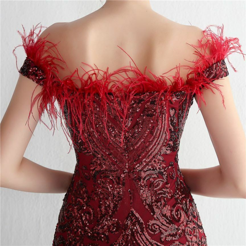 Elegant Off Shoulder Feather Mermaid Evening Gown (Maroon) (Made To Order)