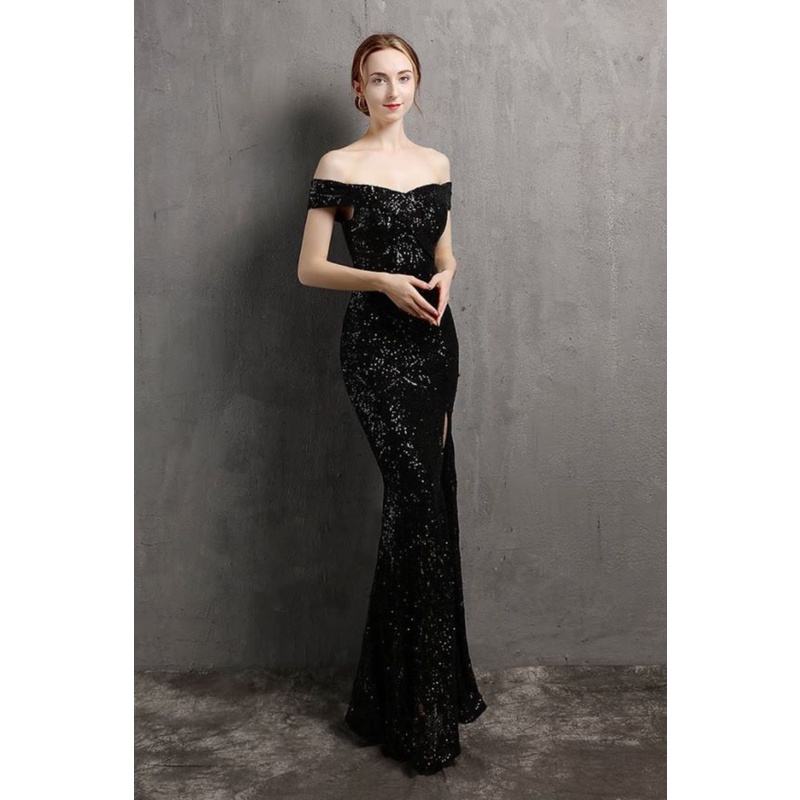 Off Shoulder Sequins High Slit Evening Gown (Black)  (Made To Order)