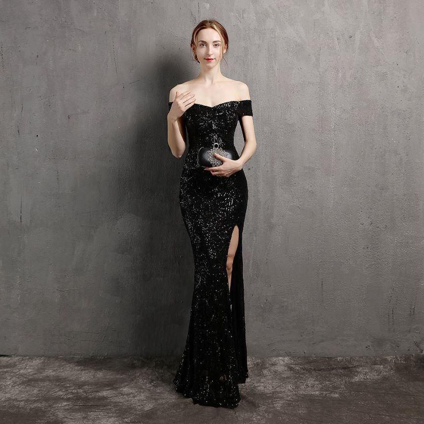 Off Shoulder Sequins High Slit Evening Gown (Black) (Retail)