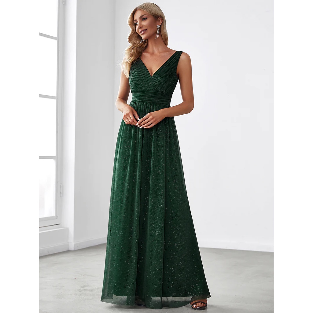 Pleated V Neck Shimmery Evening Dresses (Green) (Made To Order)