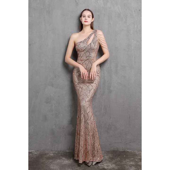 One Side Off Shoulder with Crystal Beads Sleeve Mermaid Evening Gown (Gold) (Made To Order)