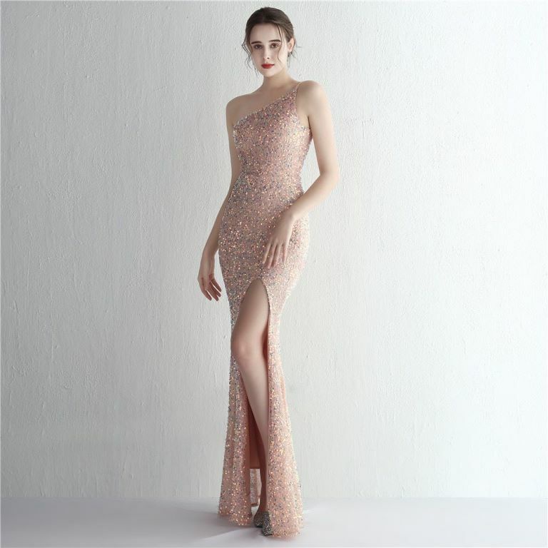 One Side Off Shoulder Sequins Slit Evening Gown (Pink) (Made To Order)
