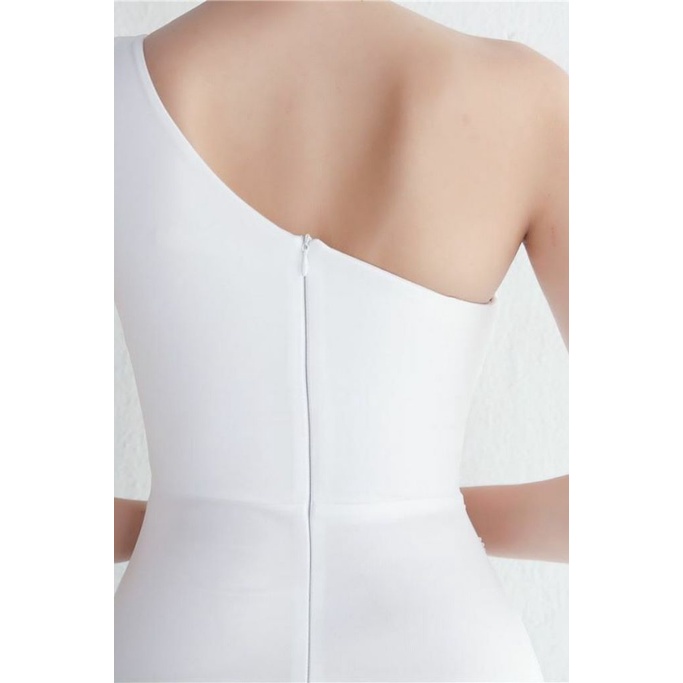 Elegant One Side Off Shoulder with High Slit Gowns (White) (Made To Order)