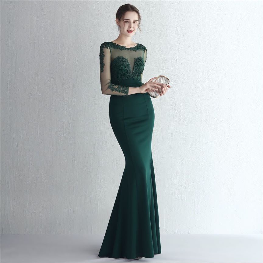 Elegant Long Sleeve Lace Mermaid Evening Gown (Green) (Made To Order)