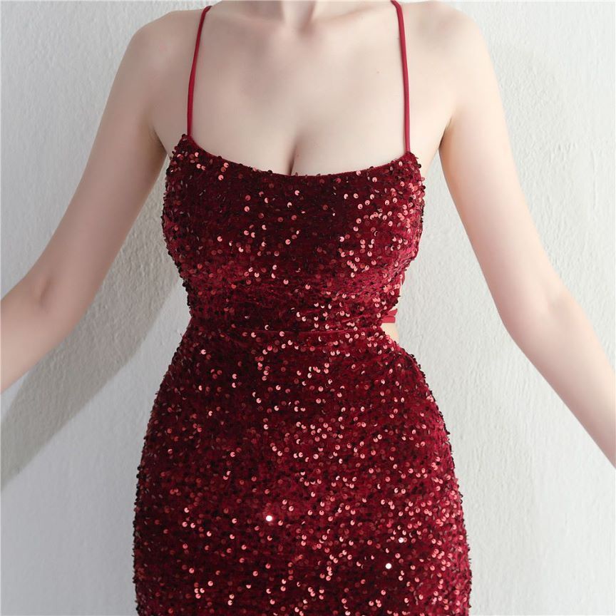 Back Cross String Sequins With Slit Evening Gown (Maroon) (Made To Order)