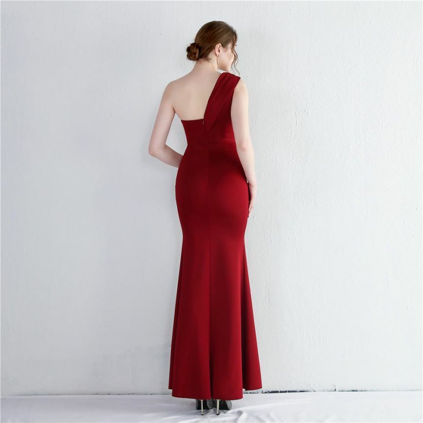 One Side Off Shoulder with High Slit Evening Dress (Maroon) (Made To Order)