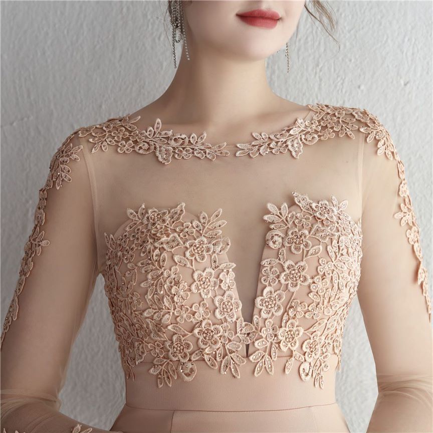 Elegant Long Sleeve Lace Mermaid Evening Gown (Beige) (Made To Order)