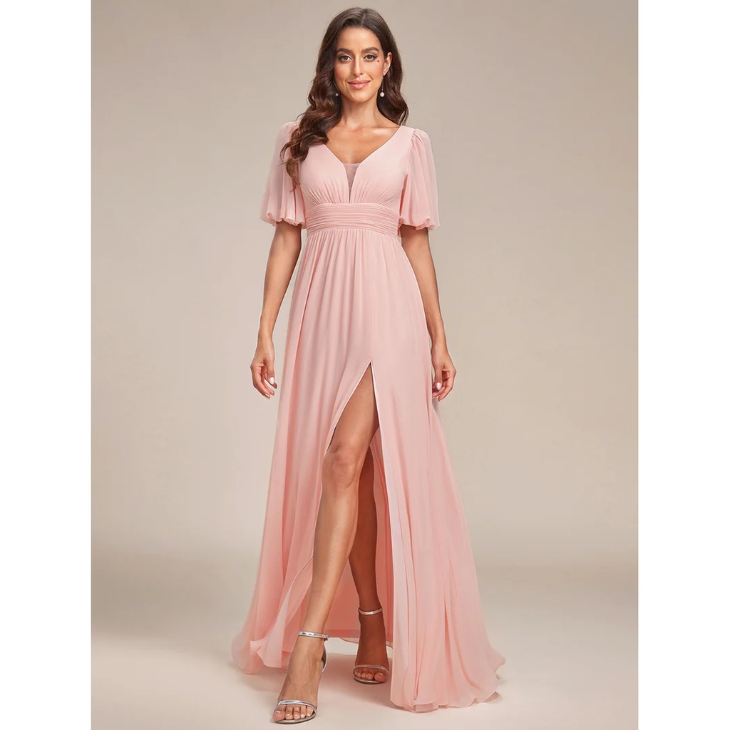 Puffy Sleeves With High Slit Evening Dress (Pink) (Made To Order)
