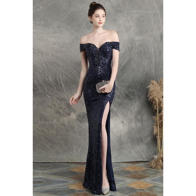 [ReadyStock] Off Shoulder Sequins With High Slit Evening Gown - Navy Blue