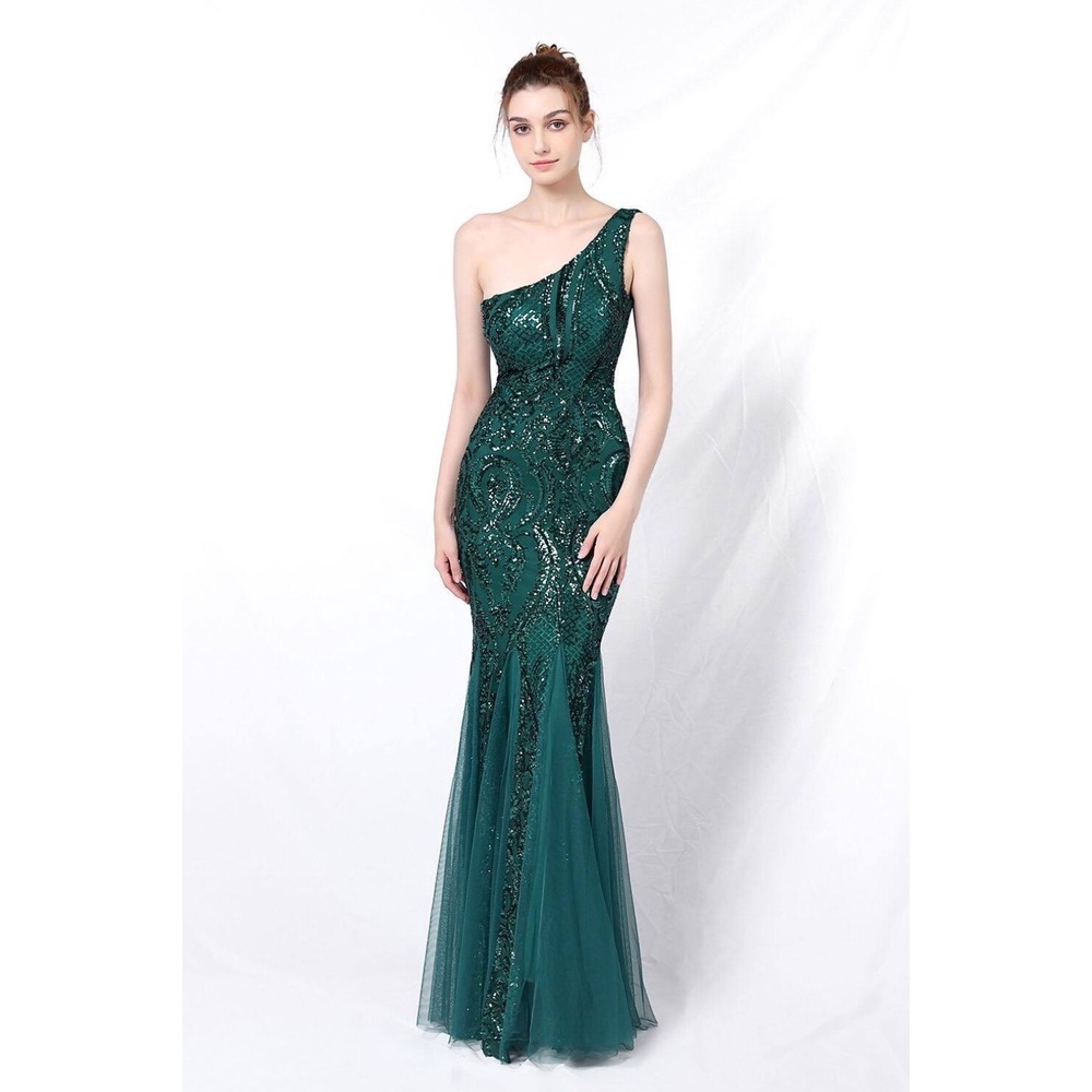 One Side Shoulder Sequins Mermaid Evening Gown (Green) (Made To (Order)