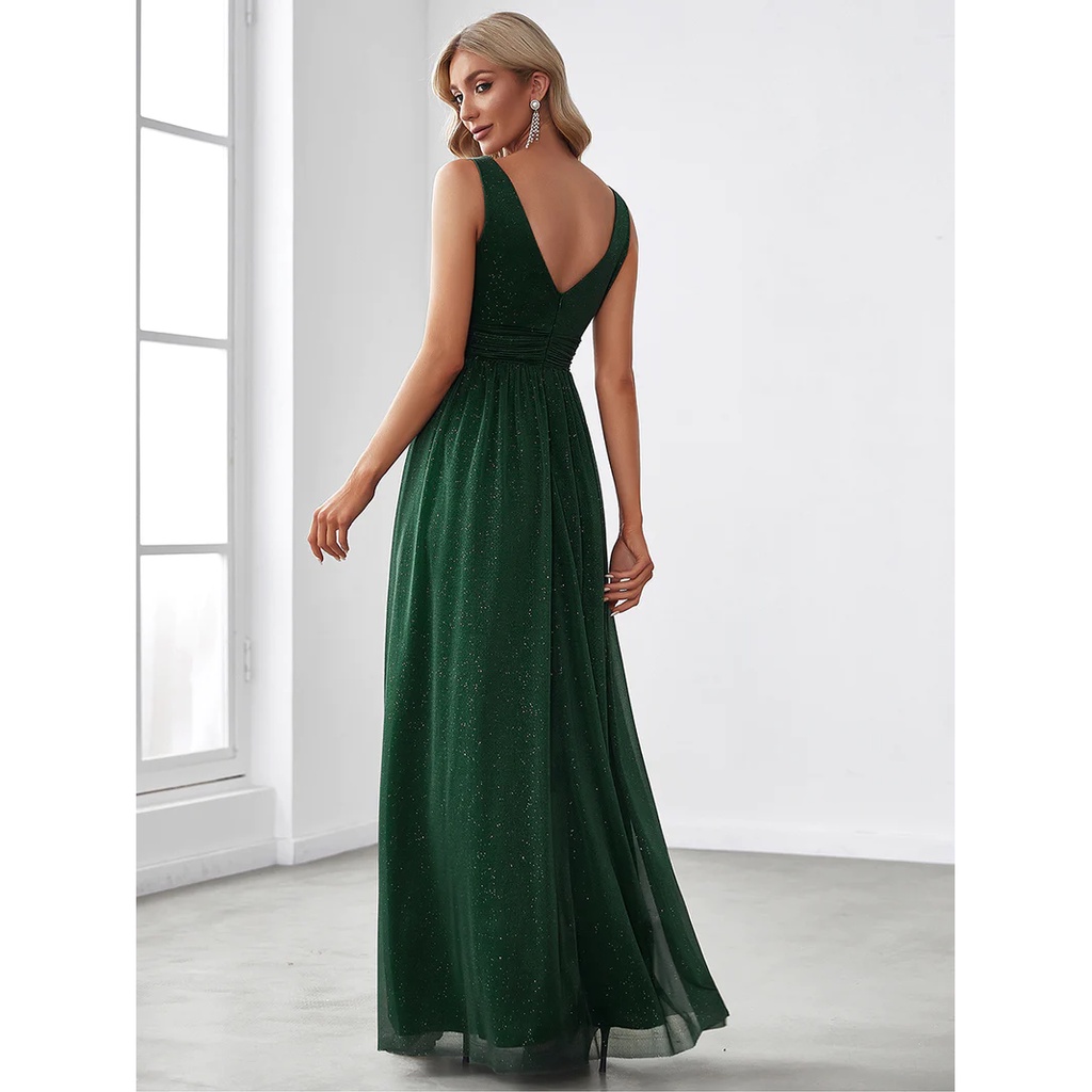 Pleated V Neck Shimmery Evening Dresses (Green) (Made To Order)
