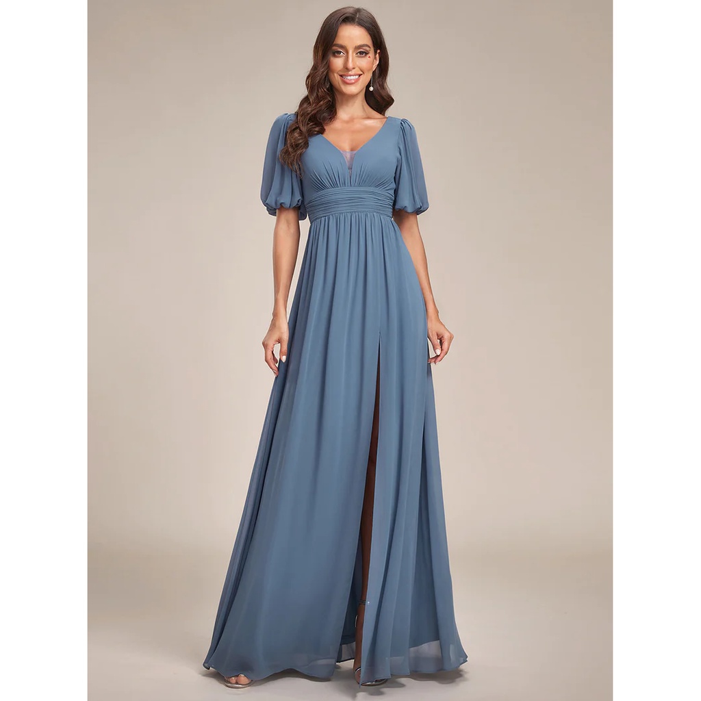 Puffy Sleeves With High Slit Evening Dress (Dusty Blue	) (Retail)