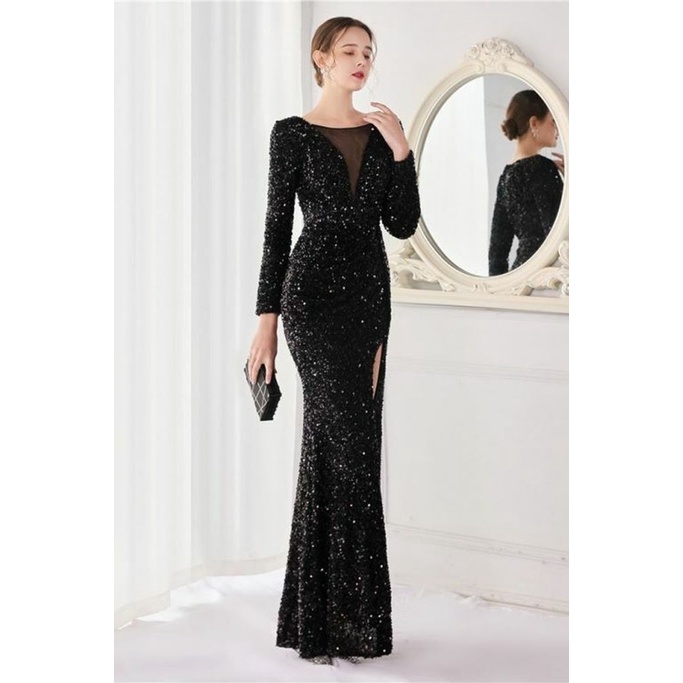 Long Sleeve Illusion V-Neck Evening Gowns (Black) (Retail)