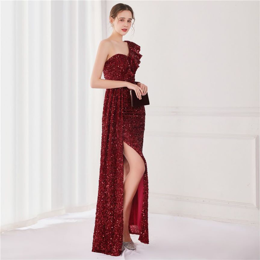Ruffles One Side Long Sleeve Sequins Evening Gown (Maroon) (Made To Order)