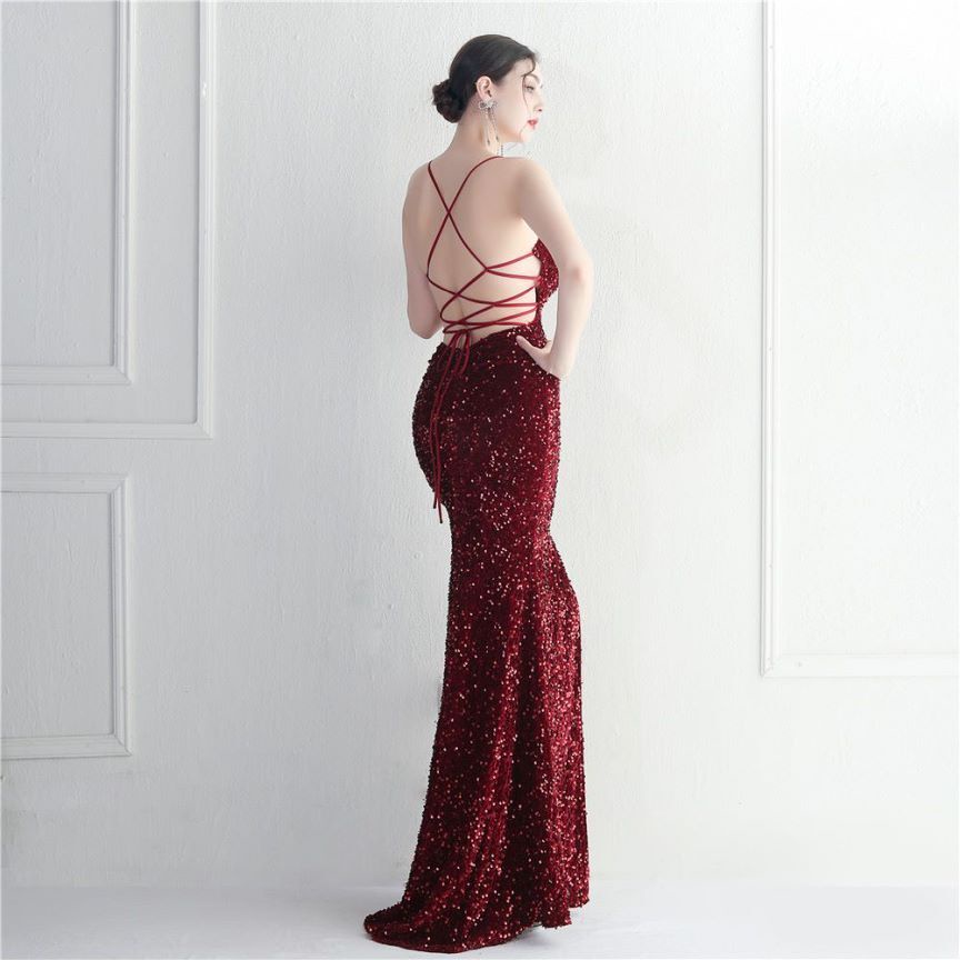 Back Cross String Sequins With Slit Evening Gown (Maroon) (Made To Order)